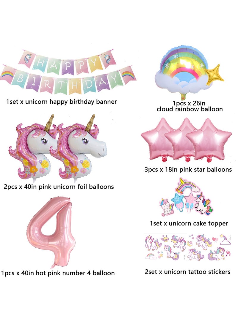 4th Birthday Decoration 43in Unicorn Birthday Balloons for Girls,Pink Unicorn Rainbow Balloon Graland,Unicorn Party Supplies,Happy Birthday Banner,Cake Toppers,Tattoo tickers  - Image 2