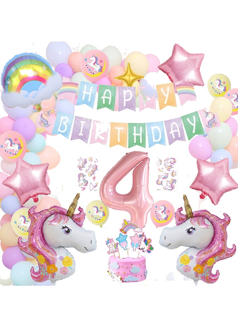 4th Birthday Decoration 43in Unicorn Birthday Balloons for Girls,Pink Unicorn Rainbow Balloon Graland,Unicorn Party Supplies,Happy Birthday Banner,Cake Toppers,Tattoo tickers  - Image 1