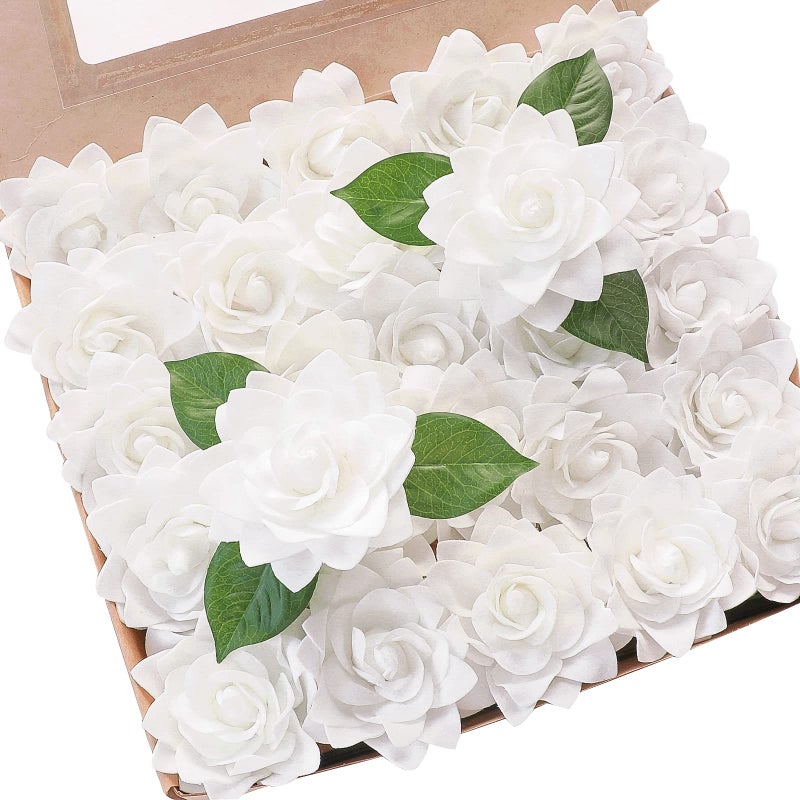 Floroom Artificial Gardenia Flowers 27 25pcs Real Looking White Foam Fake Flowers with Stems for DIY Wedding Bouquets Bridal Shower Centerpieces Floral Arrangements Party Tables Home Decorations