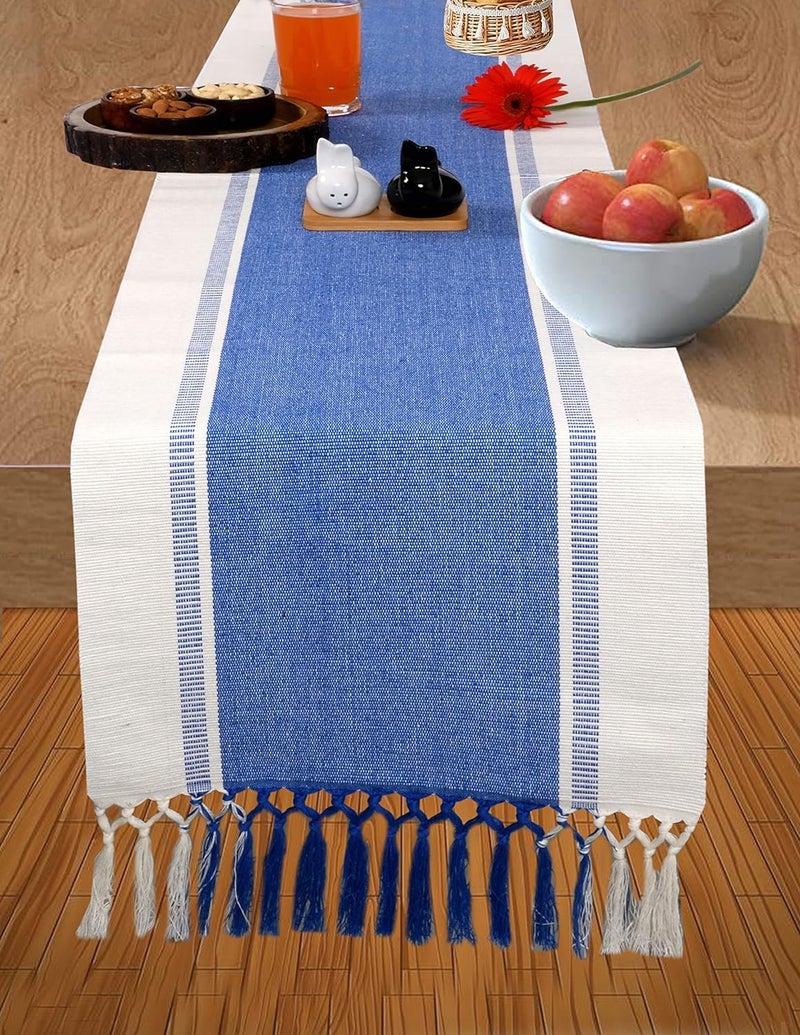 CRAZYWEAVES Cotton Table Runner for 4 Seater, Heat Resistant Handcrafted Table Runners for Dinning Table/Party Restaurants with Tassels at End (Blue, 152 cm x 32 cm) - Image 1