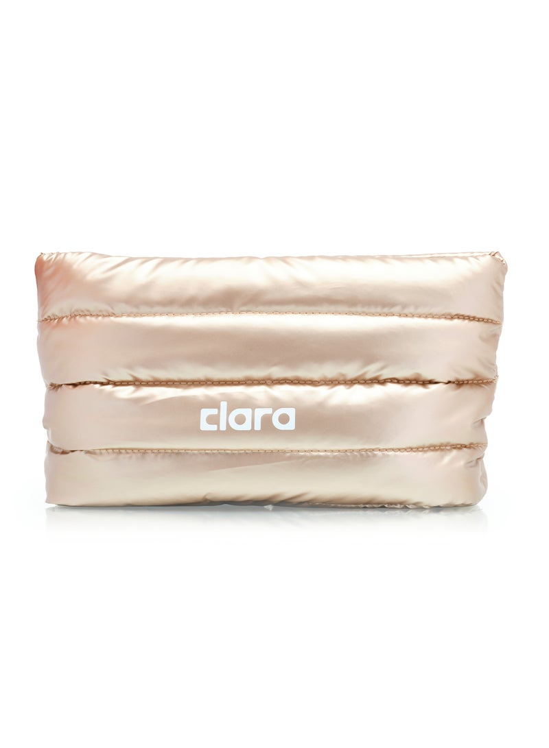 Clara Gold Toiletry Bag for Styling Products, Padded Travel Cosmetic Bag, Elegant Makeup Organizer Pouch for Hair Care, Beauty Essentials & Daily Toiletries, Modern Metallic Gold Storage Bag - Image 1