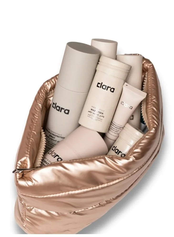 Clara  Clara Gold Toiletry Bag for Styling Products, Padded Travel Cosmetic Bag, Elegant Makeup Organizer Pouch for Hair Care, Beauty Essentials & Daily Toiletries, Modern Metallic Gold Storage Bag for Women | Best Price UAE