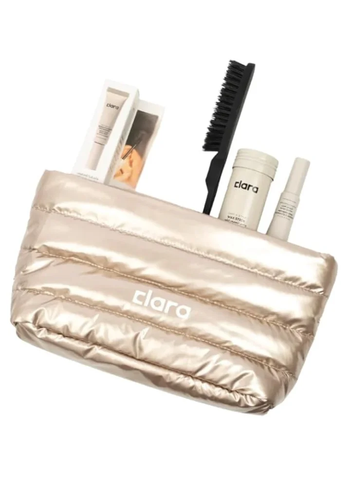 Clara  Clara Gold Toiletry Bag for Styling Products, Padded Travel Cosmetic Bag, Elegant Makeup Organizer Pouch for Hair Care, Beauty Essentials & Daily Toiletries, Modern Metallic Gold Storage Bag for Women | Best Price UAE