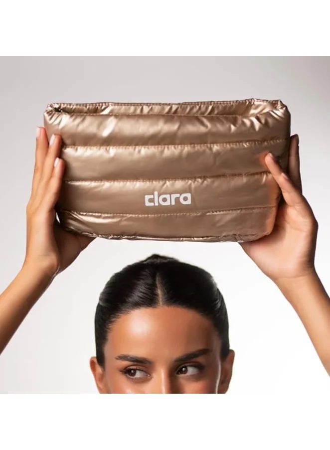 Clara  Clara Gold Toiletry Bag for Styling Products, Padded Travel Cosmetic Bag, Elegant Makeup Organizer Pouch for Hair Care, Beauty Essentials & Daily Toiletries, Modern Metallic Gold Storage Bag for Women | Best Price UAE