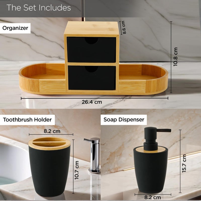 Kuber Industries 3 Pcs ABS Bathroom Accessories Set | Includes Liquid Soap Dispenser (340ml), Toothbrush Holder & Organizer | Bathroom & Kitchen Sink Accessories Set for Home | Black-KL5025B - Image 5