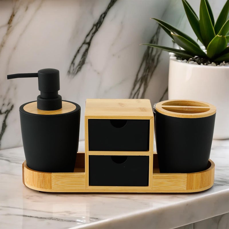 Kuber Industries 3 Pcs ABS Bathroom Accessories Set | Includes Liquid Soap Dispenser (340ml), Toothbrush Holder & Organizer | Bathroom & Kitchen Sink Accessories Set for Home | Black-KL5025B - Image 1