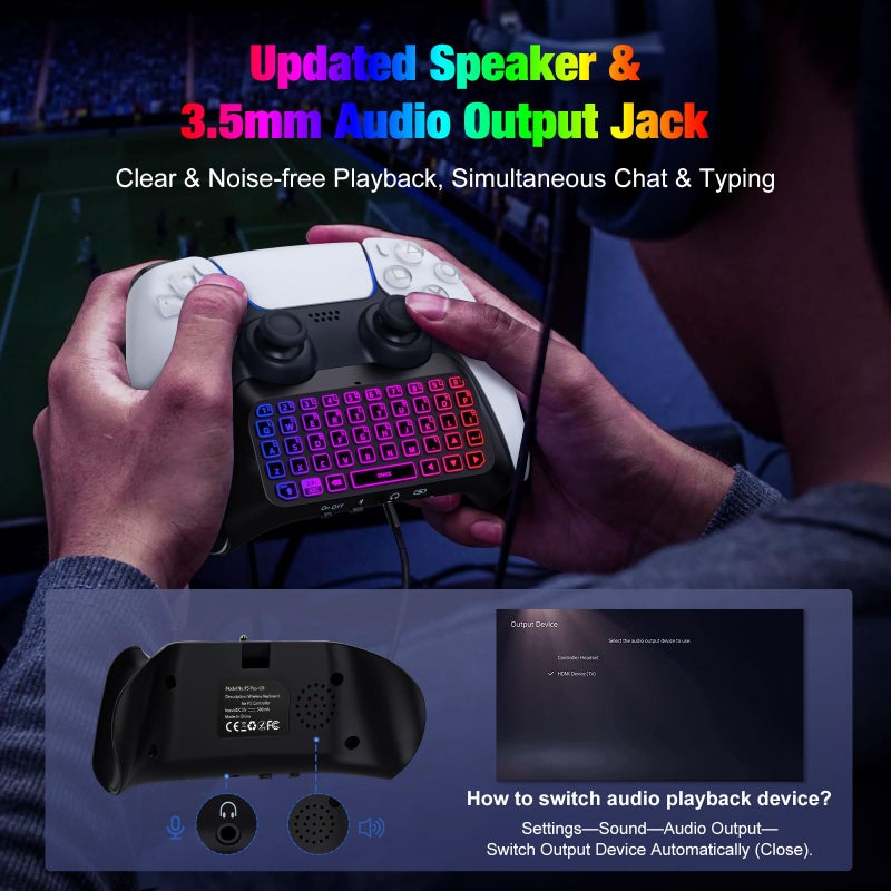 MoKo RGB Backlight Keyboard for PS5 Controller, Bluetooth Wireless Mini Gamepad Chatpad for PlayStation 5 with Upgraded Built-in Speaker & 3.5mm Audio Jack for PS5 Controller Accessories - Image 4