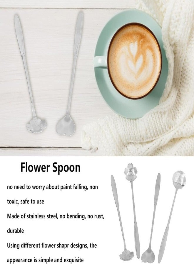 KLIVE Spoon Set for Kitchen | Coffee Spoon | Dessert Spoons | Cutlery Kitchen Tableware | Flower Teaspoons | Stainless Steel Gold Different Shape Coffee Spoons | Set of 4 Pcs | Silver (1 - Image 3