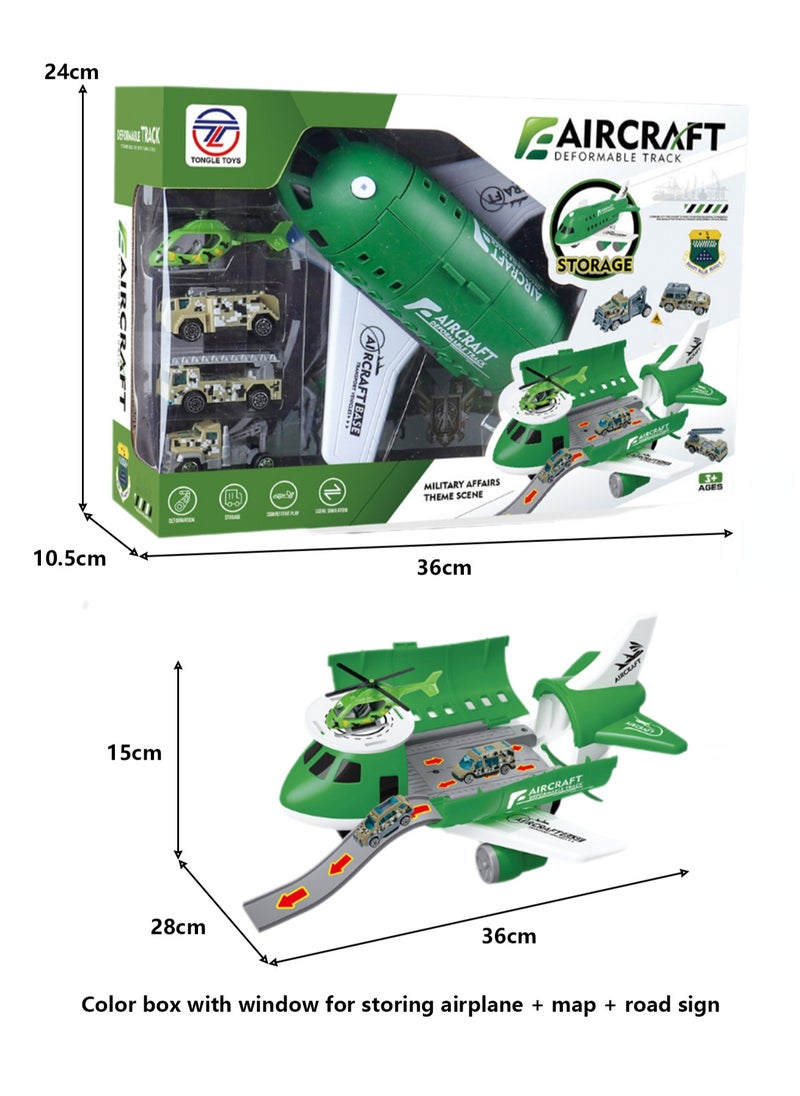 Children's Toy Airplane Can Be Stored In The Passenger Plane Set Mode(Green Transport Plane Storage Aircraft + Map + Road Sign Window Color Box)  - Image 2