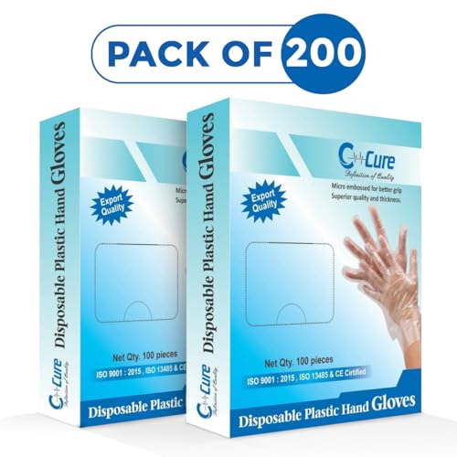 C-Cure Disposable Plastic Hand Gloves Pack of 200 Pcs | Handgloves for Cooking, Dishwashing, Hair Coloring, Cleaning | Latex-Free, Food Safe, Kitchen Gloves For Cutting Vegetables - Image 2