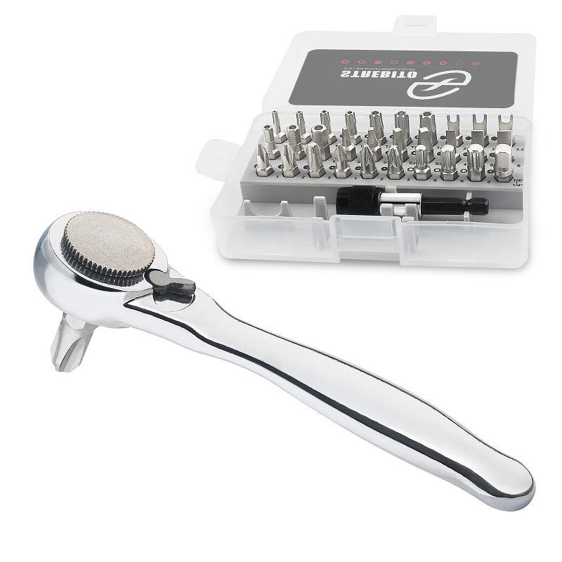 STREBITO Right Angle Screwdriver 32-Piece 1/4 Inch Mini Ratchet Set Low Profile Offset Bit Set with 72-Tooth Ratcheting Wrench Stubby Ratchet 90 Degree Screwdriver for Small Spaces - Image 1