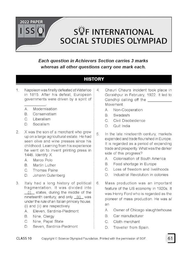 MTG International Social Studies Olympiad (ISSO) Workbook for Class 10 - Chapterwise MCQs, Previous Years Solved Paper & Achievers Section - ISSO Olympiad Books For 2023-2024 Exam  - Image 5