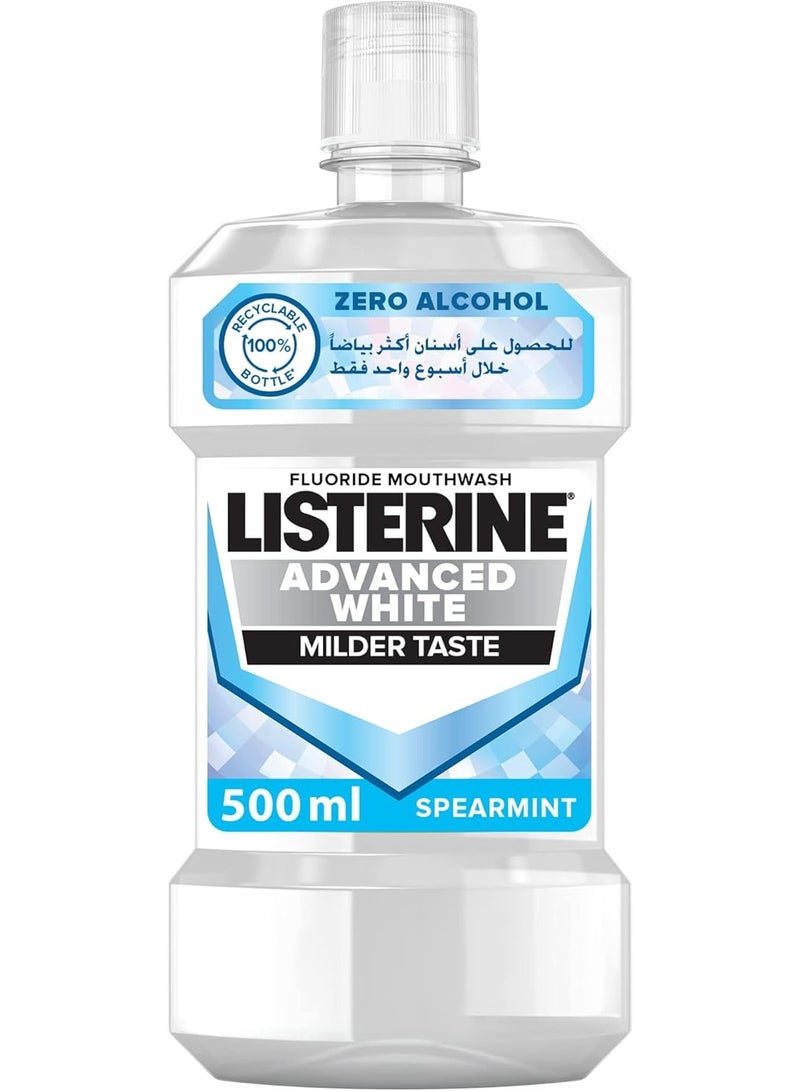 Listerine, Advanced White Mouthwash, Removes Tough Stains, Milder Taste, Spearmint Flavour, kills 99% of germs that cause bad breath, 500ml - Image 1