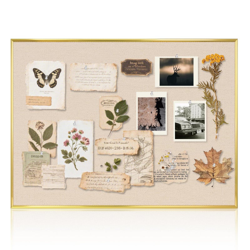 QUEENLINK Linen Bulletin Board 24 x 18 Inches, White Cork Board for Wall, Gold Aluminum Framed Fabric Pin Board Tack Board, 10 Push Pins, Beige - Image 1