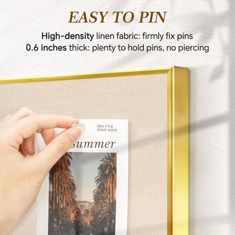 QUEENLINK Linen Bulletin Board 24 x 18 Inches, White Cork Board for Wall, Gold Aluminum Framed Fabric Pin Board Tack Board, 10 Push Pins, Beige - Image 3