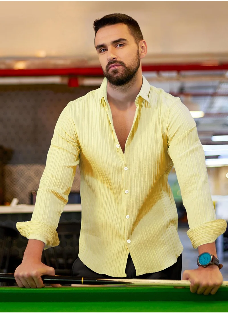 Campus Sutra Men's Naples Yellow Self-Design Striped Shirt