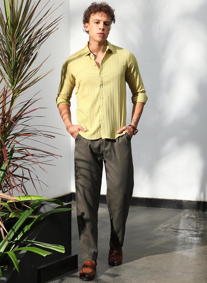 Campus Sutra Men's Naples Yellow Self-Design Striped Shirt - Image 5