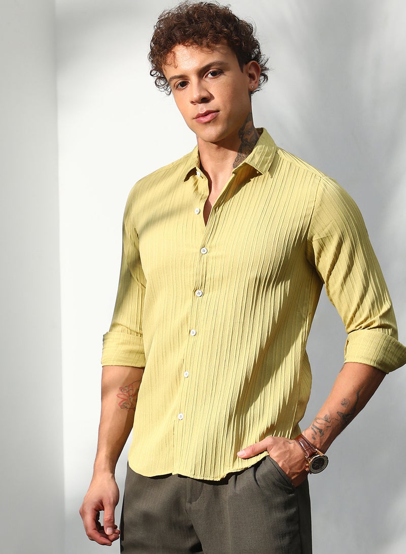 Campus Sutra Men's Naples Yellow Self-Design Striped Shirt - Image 2