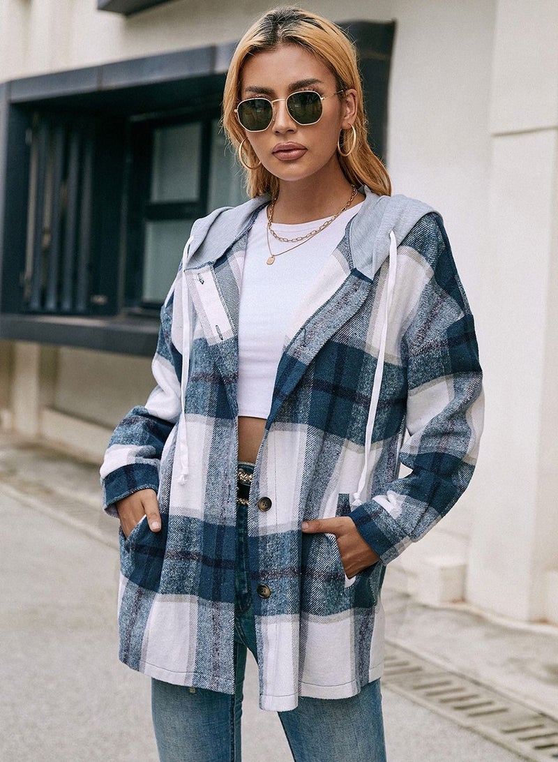Loquat Hooded Loose Casual Cardigan Plaid Shirt Coat Multicolour  - Image 1