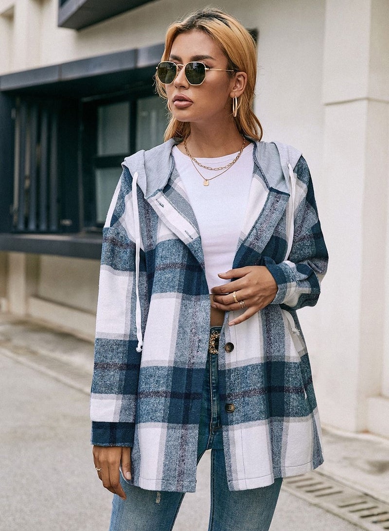 Loquat Hooded Loose Casual Cardigan Plaid Shirt Coat Multicolour  - Image 2