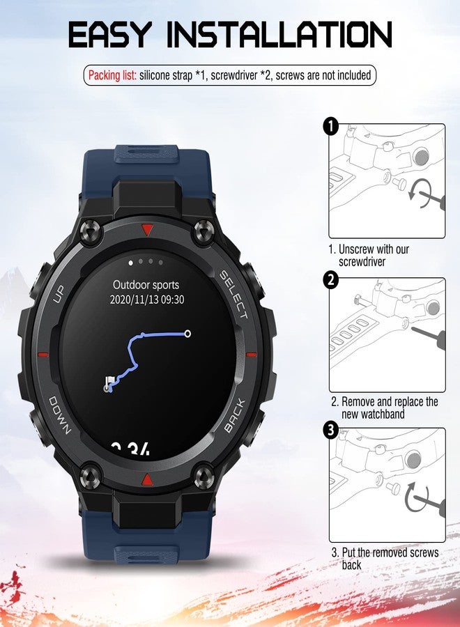 MoKo Strap Compatible with Amazfit T-Rex/T-Rex Pro Smartwatch, Soft Silicone Sports Replacement Watch Band Waterproof Breathable Wristband Bracelet with Tools, Navy Blue - Image 4