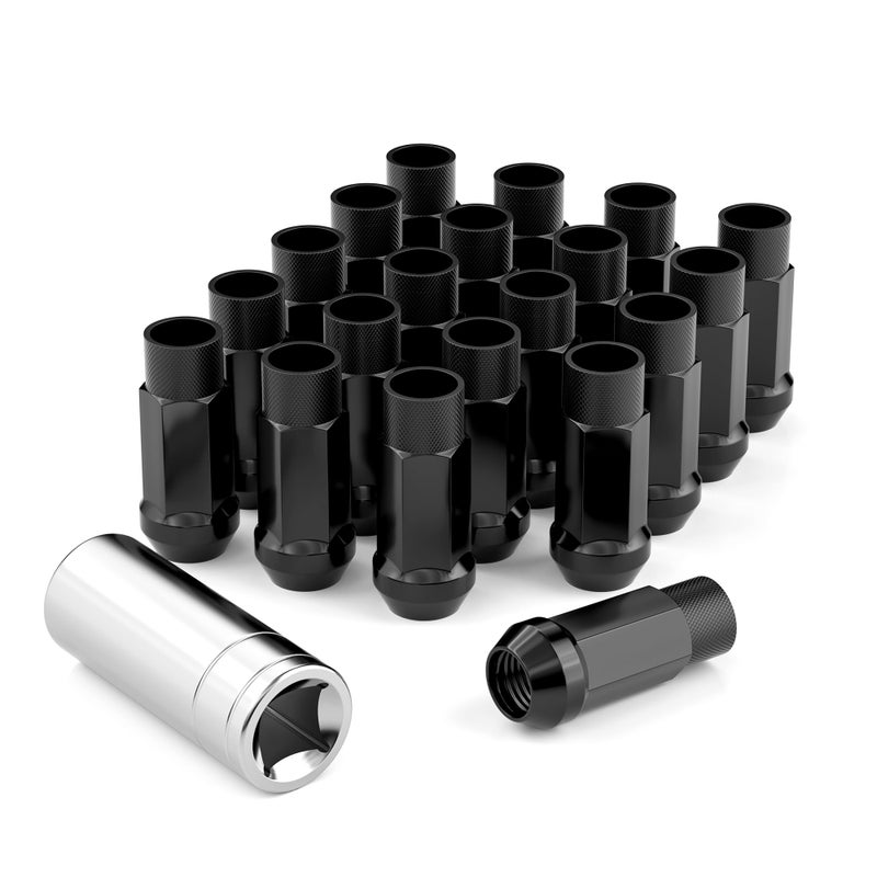 EZISOE 20PCS M12x1.5 Open End Bulge Acorn Black Lug Nuts - 60 Conical Seat - 50mm Height, Lug Nuts for Aftermarket Wheels with 1 Spline Key - Image 1