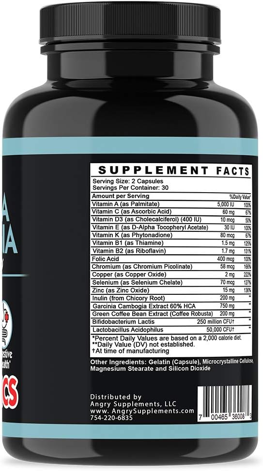 Angry Supplements مكملات أنغري غارسينيا كامبوجيا مع بروبيوتيك لصحة الأمعاء متعددة الفيتامينات مع فيتامينات A C D E K B2 زنك سيلينيوم نحاس كروم مزيج عشبي كبسولات 1 زجاجة 60 حبة - Image 4