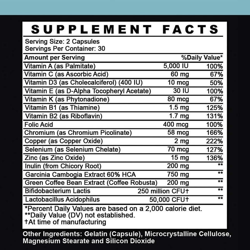 Angry Supplements مكملات أنغري غارسينيا كامبوجيا مع بروبيوتيك لصحة الأمعاء متعددة الفيتامينات مع فيتامينات A C D E K B2 زنك سيلينيوم نحاس كروم مزيج عشبي كبسولات 1 زجاجة 60 حبة - Image 2
