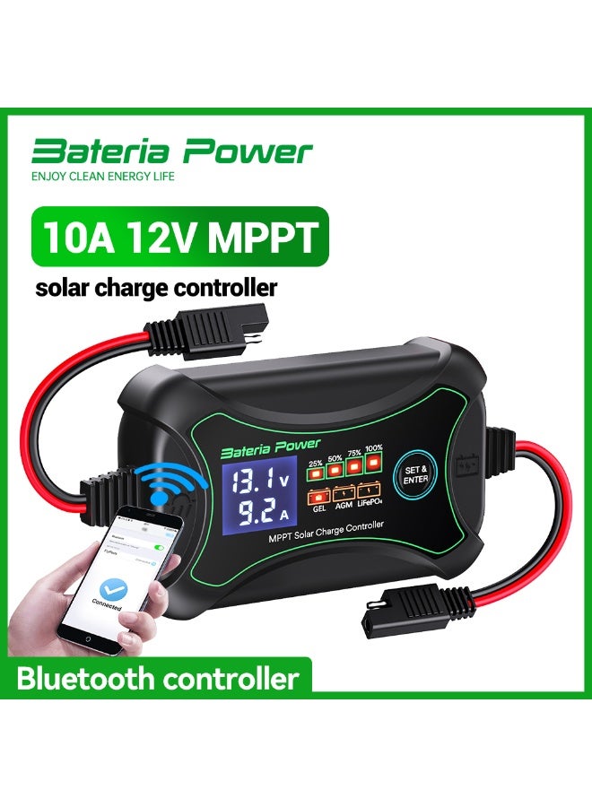 BateriaPower 10A MPPT Wireless Solar Charge Controller with BT, 12 Volt Phone APP Intelligent Control Solar Regulator with LCD - Image 1