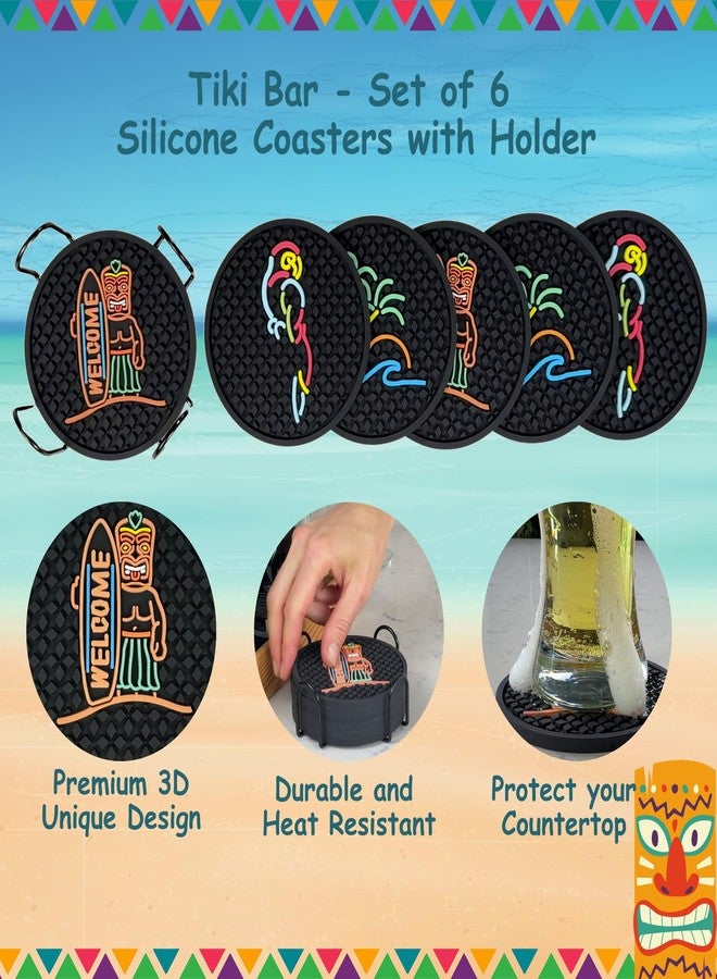 CALUVAR Tiki Bar Coasters Set of 6 with Holder, Tiki Bar Decor Rubber Coasters with Tiki Warrior, Wave & Palm Tree and Parrot Designs, Tiki Decor Black Coasters, Outdoor Tiki Bar Rubber Coasters for Drinks - Image 4
