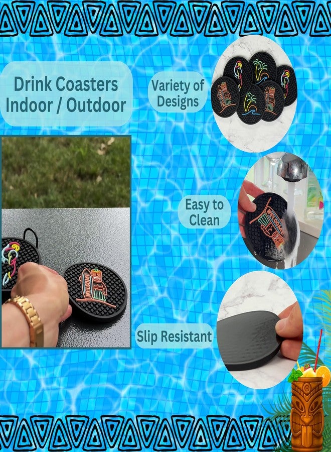 CALUVAR Tiki Bar Coasters Set of 6 with Holder, Tiki Bar Decor Rubber Coasters with Tiki Warrior, Wave & Palm Tree and Parrot Designs, Tiki Decor Black Coasters, Outdoor Tiki Bar Rubber Coasters for Drinks - Image 3