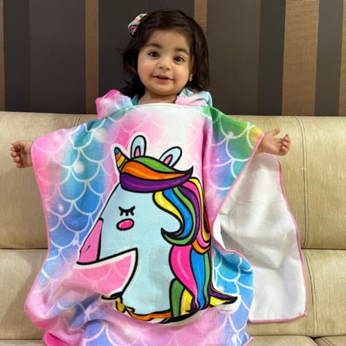Famyo® Poncho Towel for Kids | Hooded Micro-Fiber Bath Towels | 60 x 60cm Toddler Pool Towel for Boys & Girls, 1-7 Years (Pink & Blue Unicorn) - Image 1