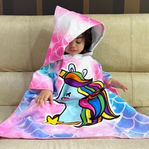 Famyo® Poncho Towel for Kids | Hooded Micro-Fiber Bath Towels | 60 x 60cm Toddler Pool Towel for Boys & Girls, 1-7 Years (Pink & Blue Unicorn) - Image 4