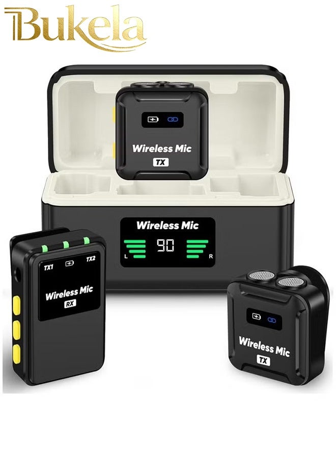 كيلا ميكروفون لاسلكي للياقة (2 TX + 1RX + حافظة شحن) لكاميرا DSLR iPhone Android PC بمدى 656 قدمًا، ميكروفون لاسلكي احترافي للياقة مع صوت واضح 48 كيلو هرتز / 24 بت، 30 ساعة من التدوين المرئي - Image 1