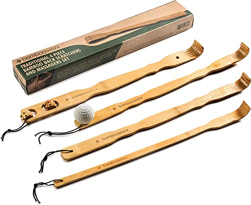 BambooWorx Traditional Bamboo Wooden Back Scratcher 4 Piece Body Relaxation Massager Set for Men Women 175 Long Handle Strong and Sturdy Itching Relief Scratchers 100 Natural Wood
