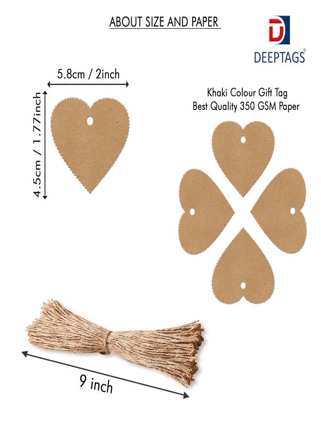DEEPTAGS Heart Shaped Price Tag with 100 Jute Threads for Birthday, Gifting, Wedding, Christmas - Brown, 100 PCS - Image 2