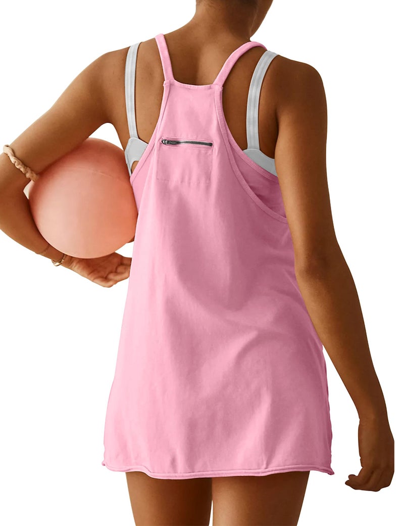 VIUTIL Womens Athletic Dress Built in Shorts Hot Shot Mini Dress Spaghetti Straps Tennis Workout 2026 Summer Romper Dress, Pink, Small - Image 2