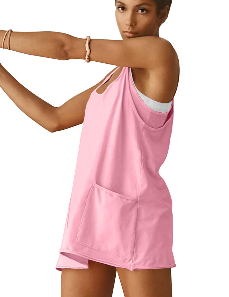 VIUTIL Womens Athletic Dress Built in Shorts Hot Shot Mini Dress Spaghetti Straps Tennis Workout 2026 Summer Romper Dress, Pink, Small - Image 4