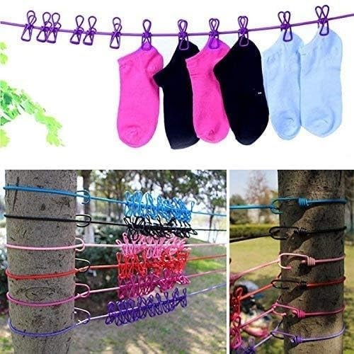 Vichip Multi Functional Portable Drying Rope with 12 Clips and 2 Hooks Travel Clothesline Rope Clothes Hanging Hook Outdoor Indoor WindProof Clothesline Multicolour - Image 3