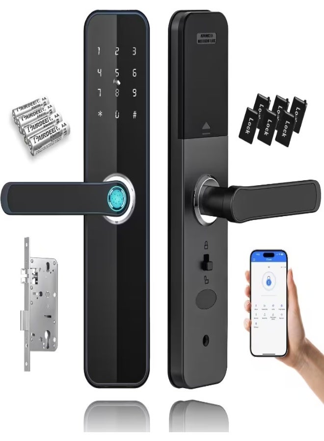 قفل باب ذكي H06 – فتح بالبصمة، كلمة المرور، بطاقة IC، المفتاح الميكانيكي وبلوتوث، قفل مورتيس تلقائي، تحكم عبر التطبيق، أمان المنزل والمكتب - Image 1