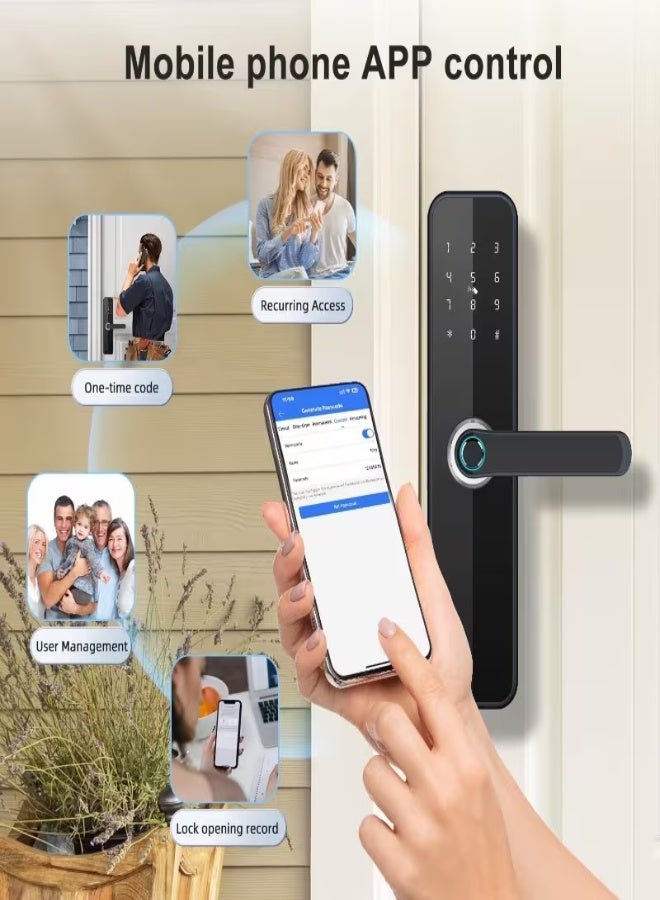 قفل باب ذكي H06 – فتح بالبصمة، كلمة المرور، بطاقة IC، المفتاح الميكانيكي وبلوتوث، قفل مورتيس تلقائي، تحكم عبر التطبيق، أمان المنزل والمكتب - Image 3