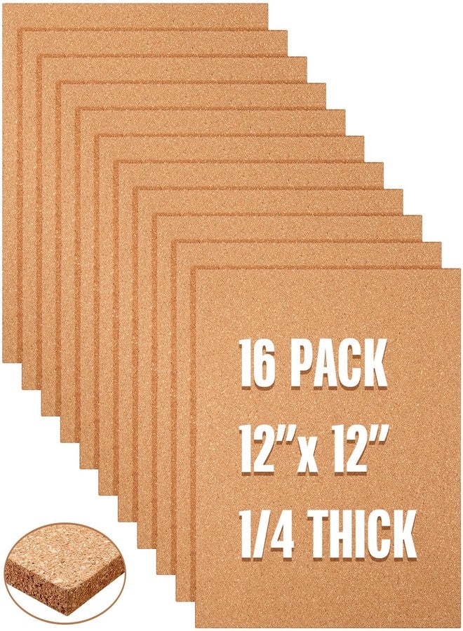 Fainne 16 Pieces Cork Board Tiles 12 x 12 Square Bulletin 1/4" Thick Cork Board with 80 Self Adhesive Squares Included for Office, School and Home - Image 1