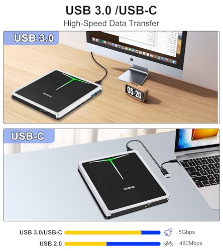 Guamar External DVD Drive for PC: USB-C CD Burner Player for Laptop Mac Windows 11 with SD/TF Slot/2 USB Ports/Carrying Case Read Write Music/Movie/Photo Portable Plug & Play - Image 3