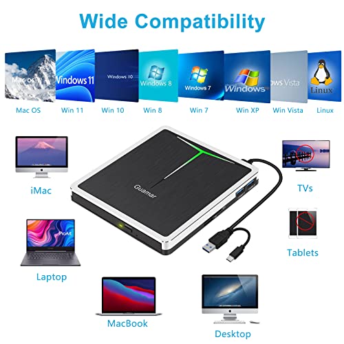 Guamar External DVD Drive for PC: USB-C CD Burner Player for Laptop Mac Windows 11 with SD/TF Slot/2 USB Ports/Carrying Case Read Write Music/Movie/Photo Portable Plug & Play - Image 5