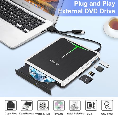 Guamar External DVD Drive for PC: USB-C CD Burner Player for Laptop Mac Windows 11 with SD/TF Slot/2 USB Ports/Carrying Case Read Write Music/Movie/Photo Portable Plug & Play - Image 2
