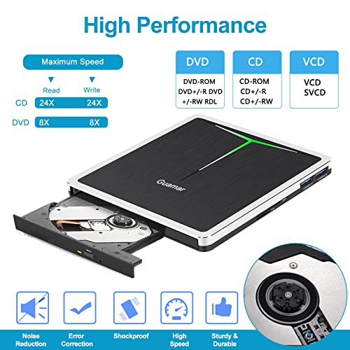 Guamar External DVD Drive for PC: USB-C CD Burner Player for Laptop Mac Windows 11 with SD/TF Slot/2 USB Ports/Carrying Case Read Write Music/Movie/Photo Portable Plug & Play - Image 4