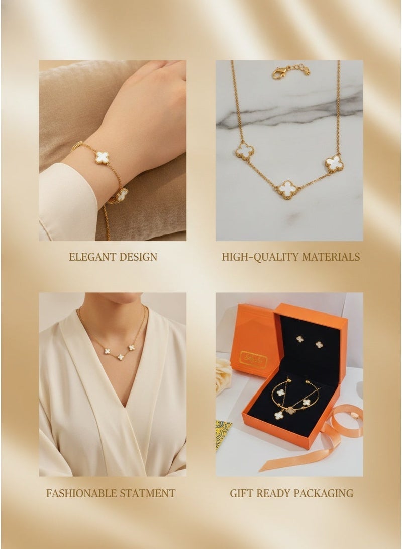 White Lucky Grass Jewelry 3-piece Set Necklace Earnail Bracelet 3-piece Set Gold Plated Jewelry - Image 2