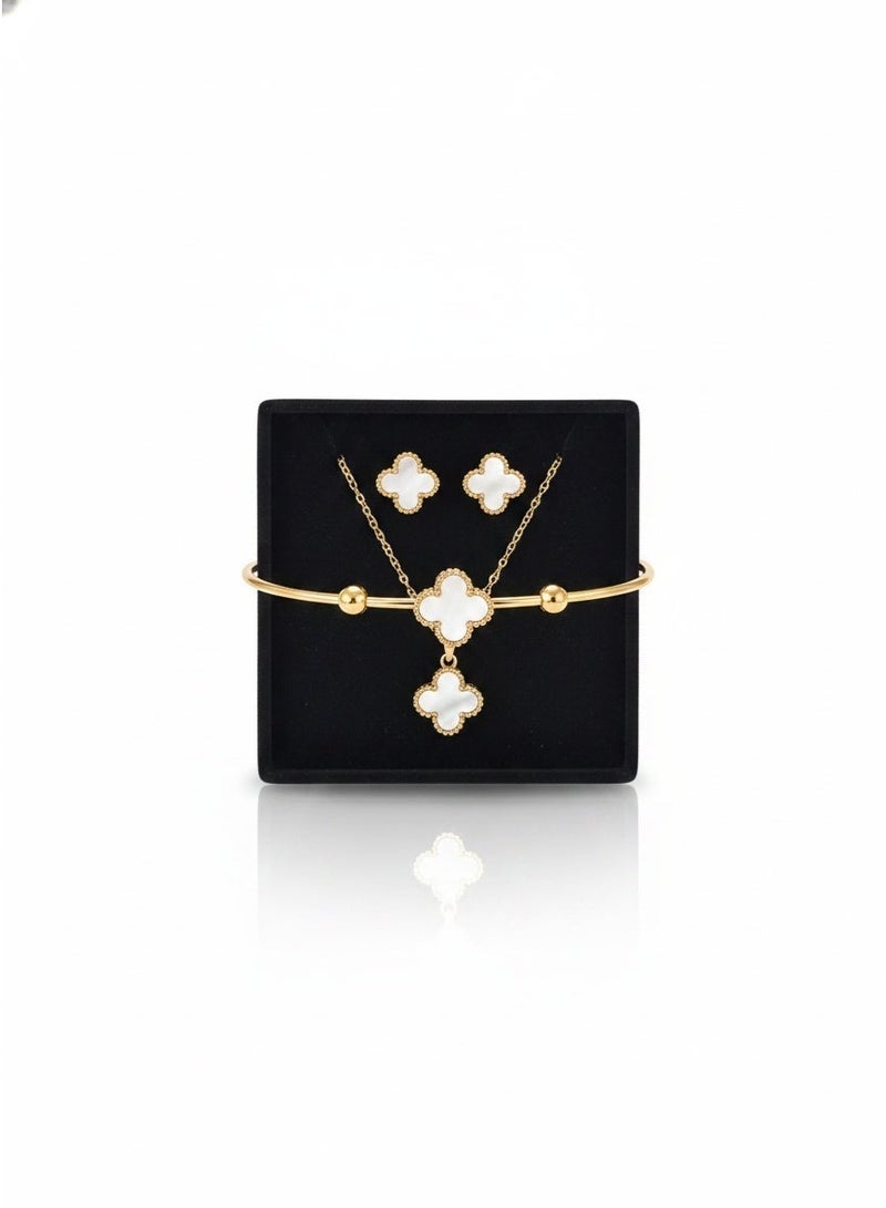 White Lucky Grass Jewelry 3-piece Set Necklace Earnail Bracelet 3-piece Set Gold Plated Jewelry - Image 1