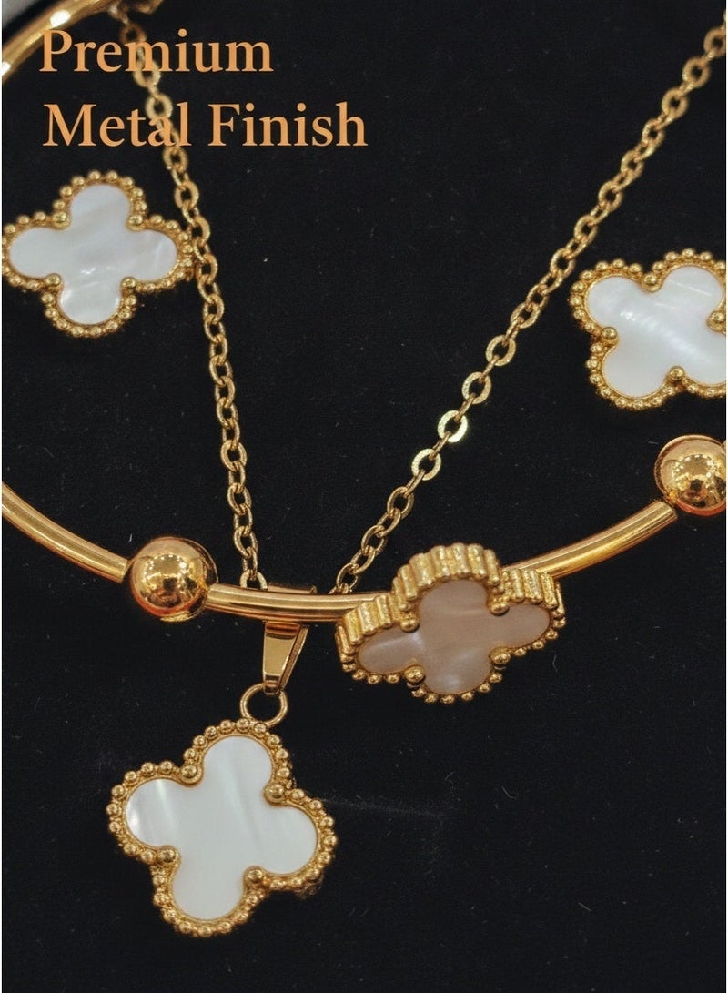 White Lucky Grass Jewelry 3-piece Set Necklace Earnail Bracelet 3-piece Set Gold Plated Jewelry - Image 5