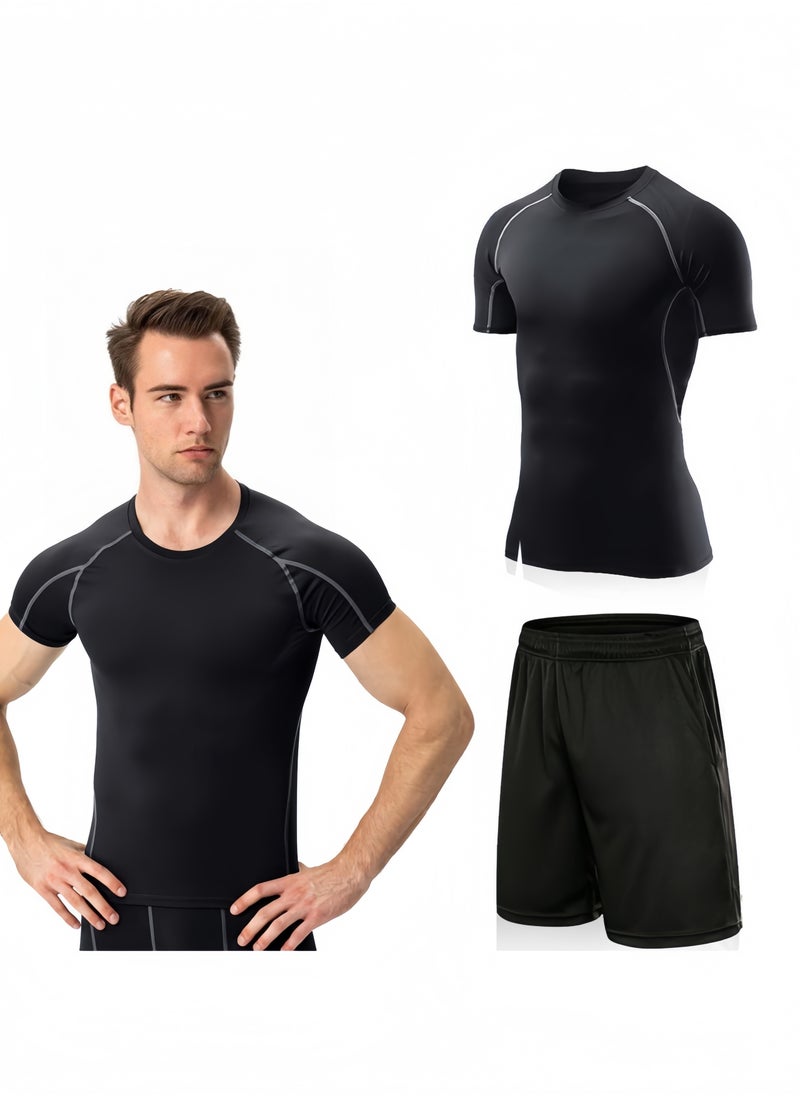 GGEROU Men’s Compression Shirts Short Sleeve and Athletic Running Shorts Set, Athletic Compression Tops, Quick Dry Workout Sets for Men and Boy  - Image 1